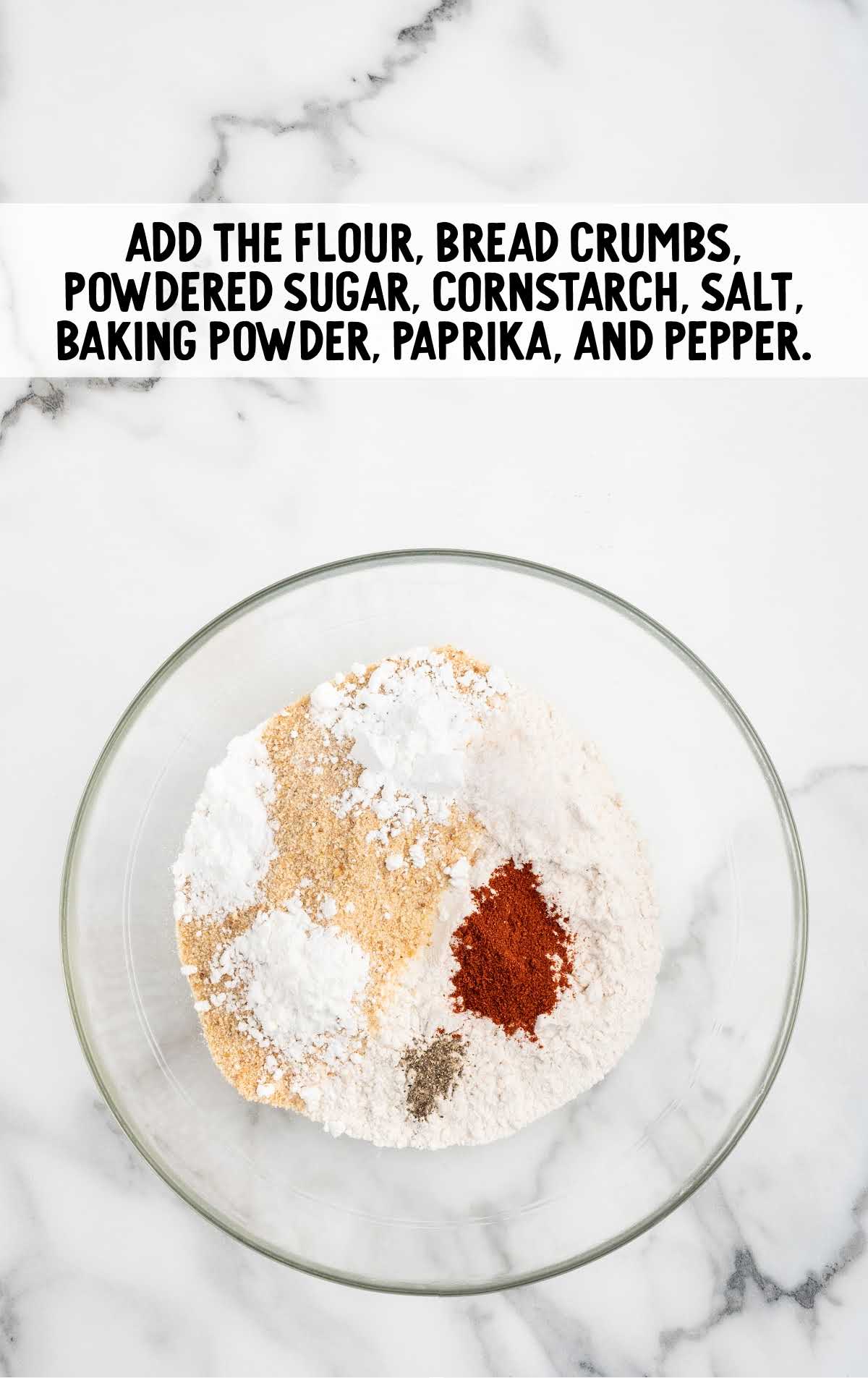 flour, bread crumbs, powdered sugar, cornstarch, kosher salt, baking powder, paprika, and black pepper combined in a bowl