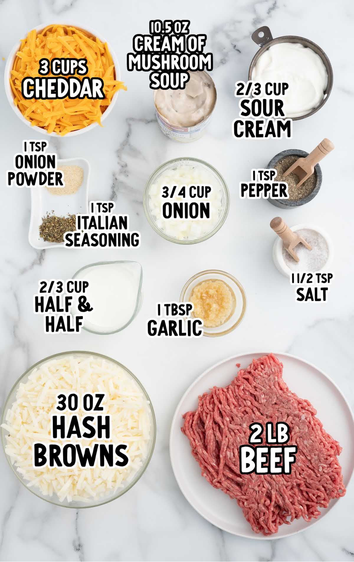 Hamburger Hash Brown Casserole raw ingredients that are labeled