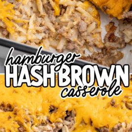 close up shot of Hamburger Hash Brown Casserole on a baking dish with a slice taken out