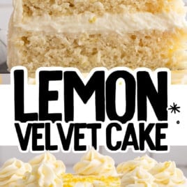 A slice and a whole Lemon Velvet Cake with creamy frosting, lemon zest, and piped swirls are displayed, labeled “Lemon Velvet Cake” and “Vintage Recipe!” in bold text.