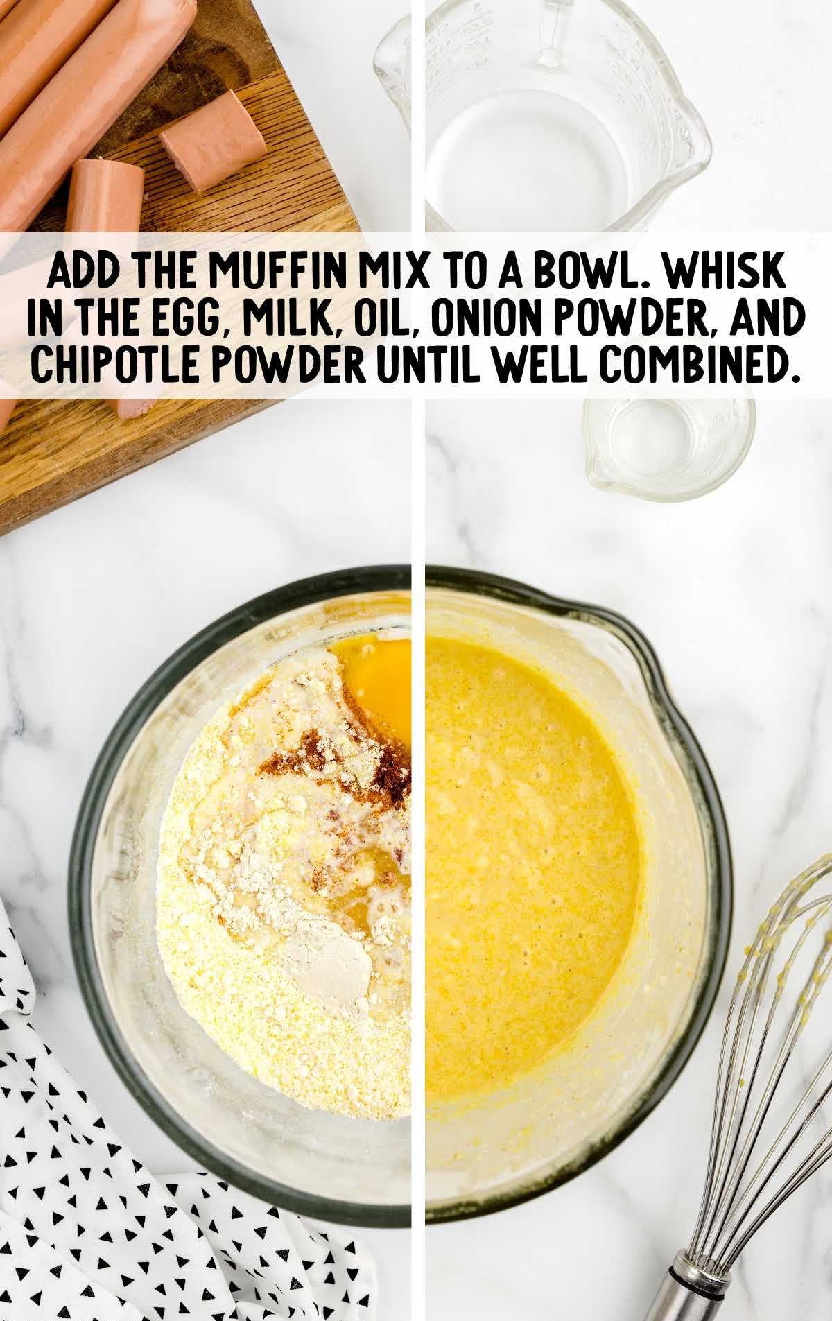 egg, milk, vegetable oil, onion powder, and chipotle powder whisked into the corn muffin mix