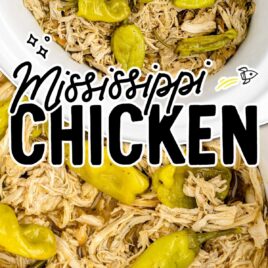 a crockpot of shredded chicken with pepperoncini