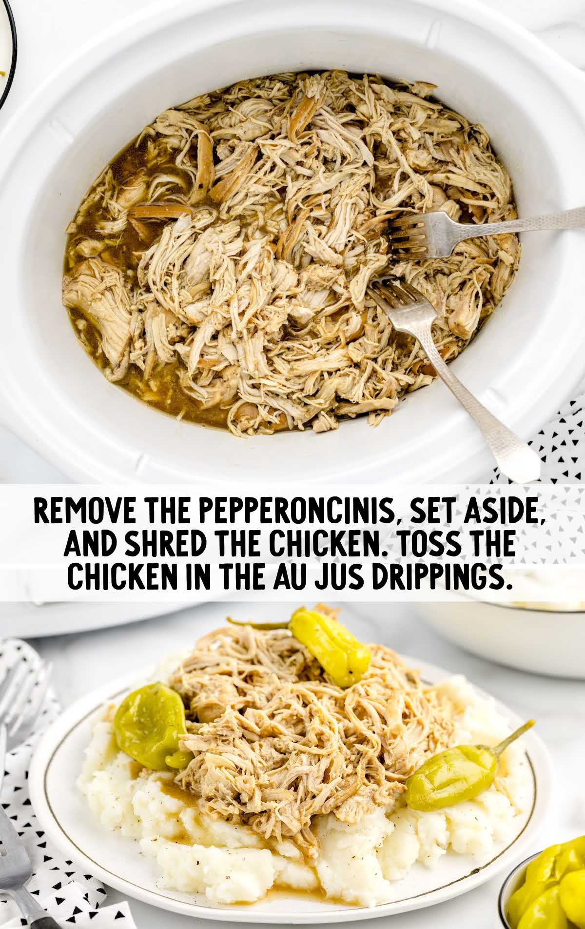 shredded chicken with pepperoncini in a crockpot and served over a plate of mashed potatoes