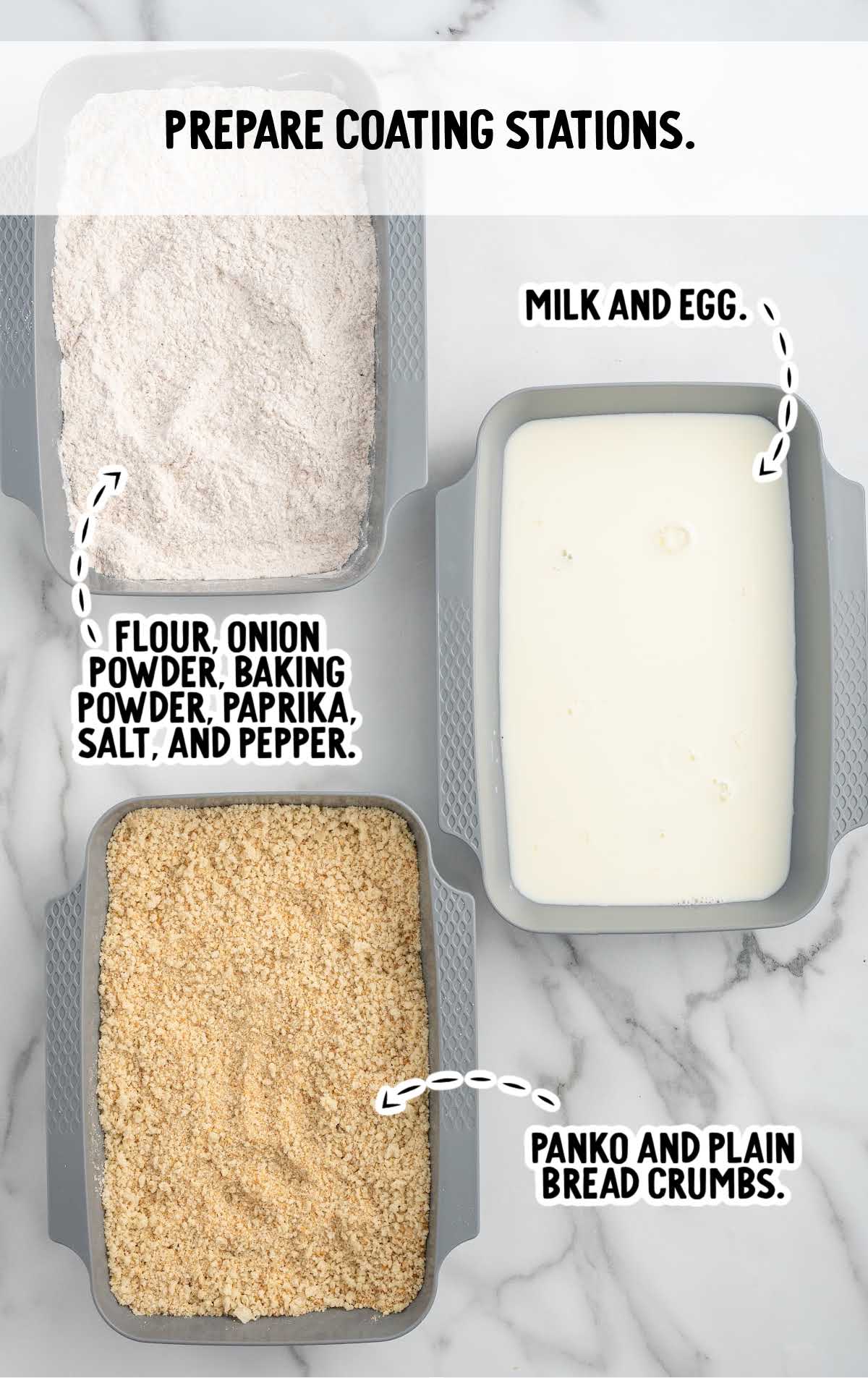 Three coating stations for onion rings: seasoned flour, milk and egg mixture, and breadcrumbs
