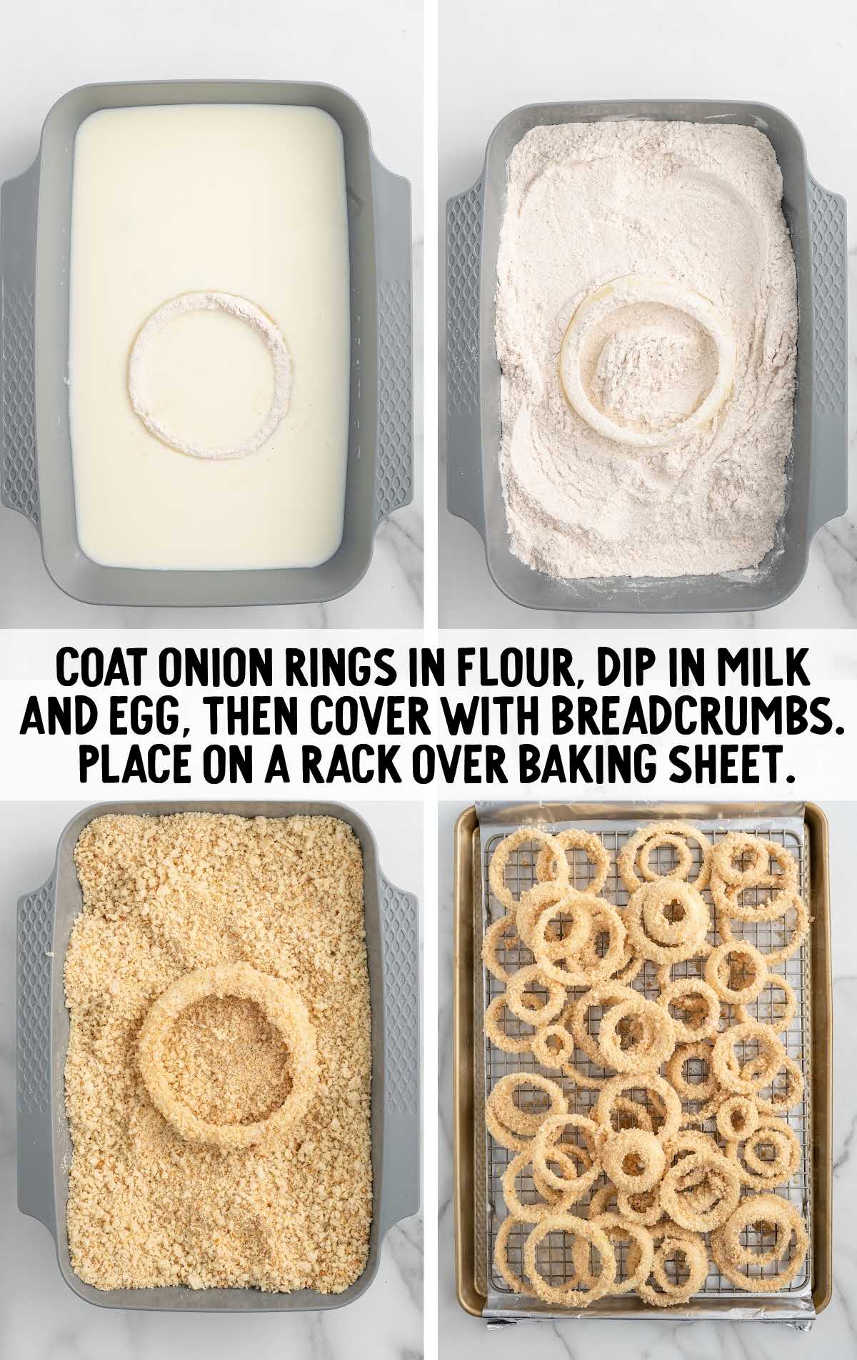 Step-by-step process of breading onion rings: dipping in flour, milk and egg mixture, coating with breadcrumbs, and placing on a wire rack over a baking sheet