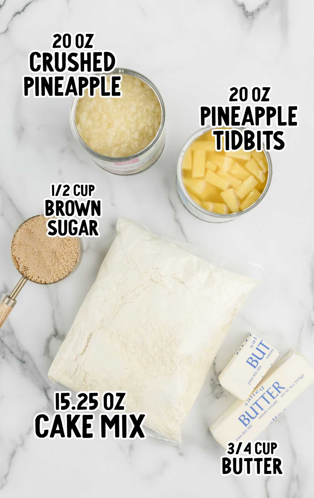 Pineapple Dump Cake raw ingredients that are labeled