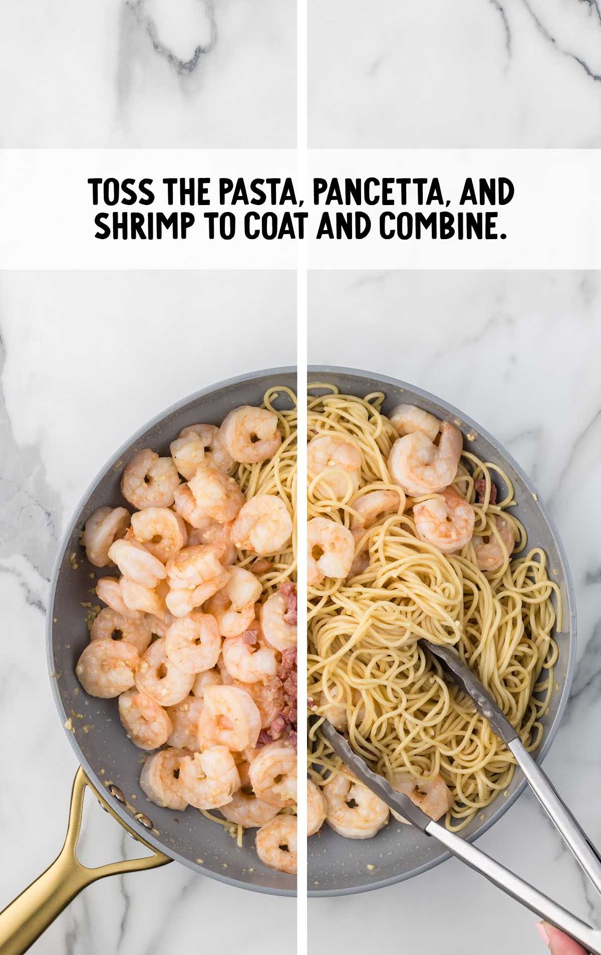 pasta, pancetta, and shrimp tossed and combined in a skillet