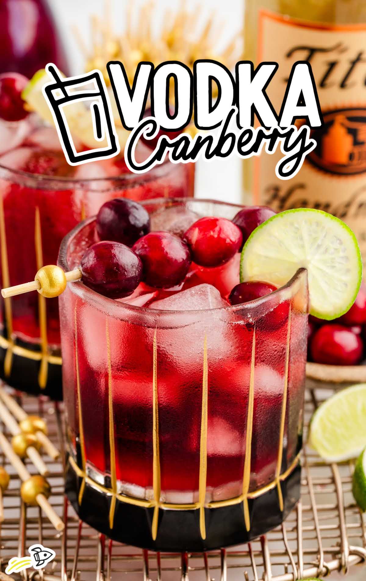 a glass of Vodka Cranberry garnished with  cranberries and a lime