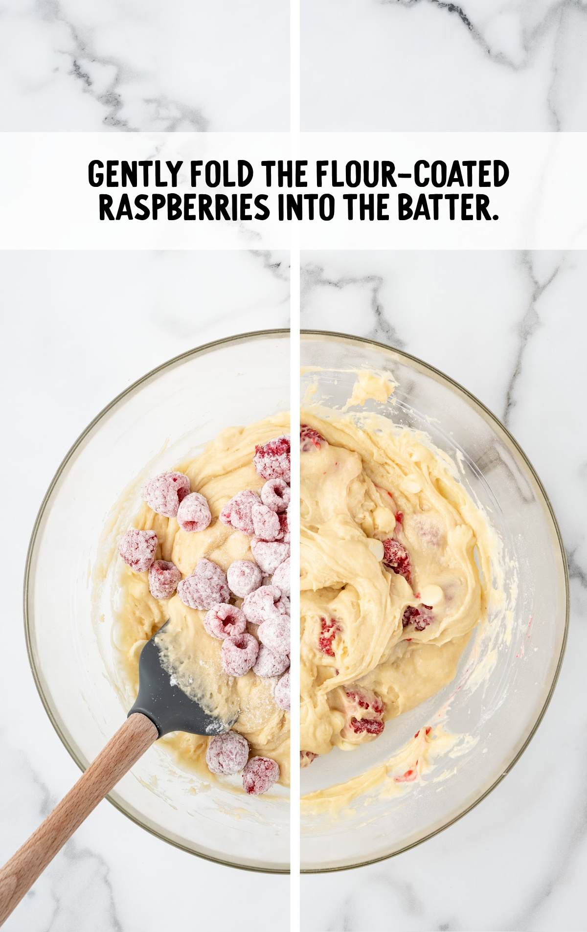 The raspberries are being folded into the batter.