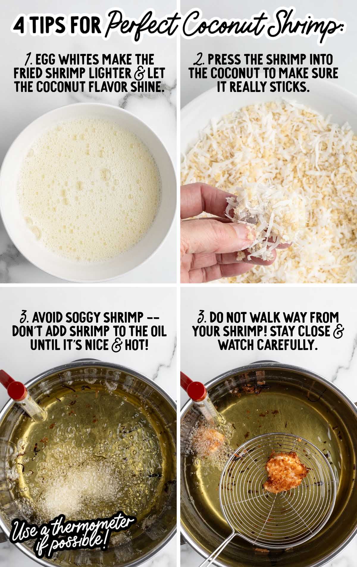 Step by step tips for making crispy coconut shrimp including egg whites and frying temperature