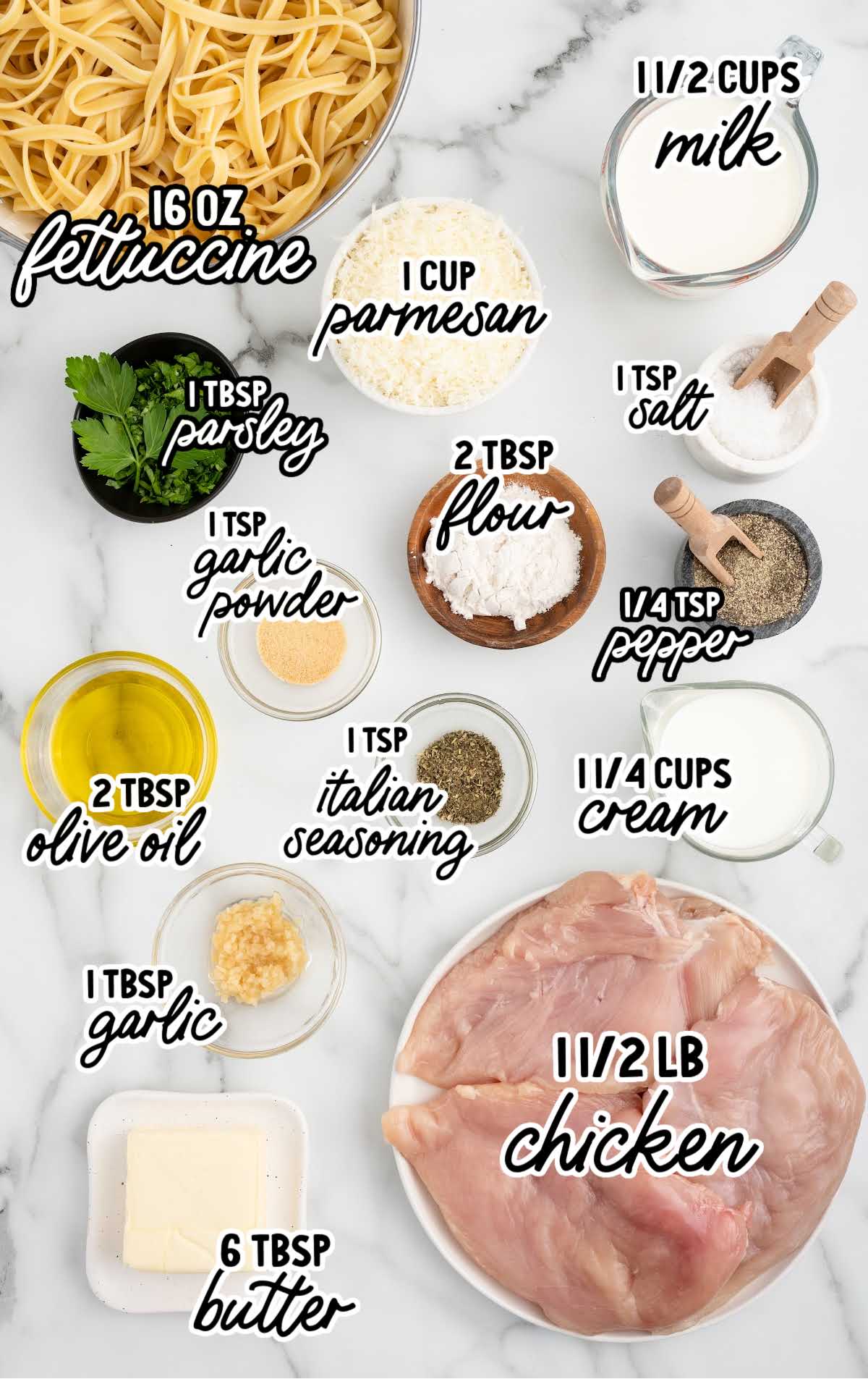 Chicken Alfredo Recipe raw ingredients that are labeled