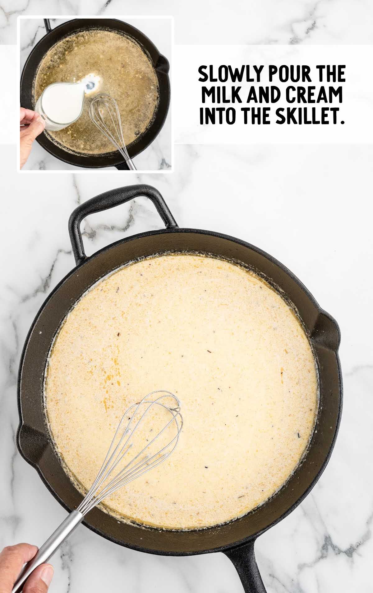 milk and cream poured into the skillet