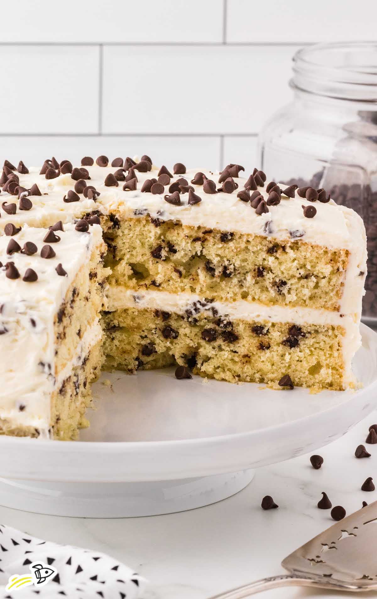 a Chocolate Chip Cake with a slice taken out on a cake stand