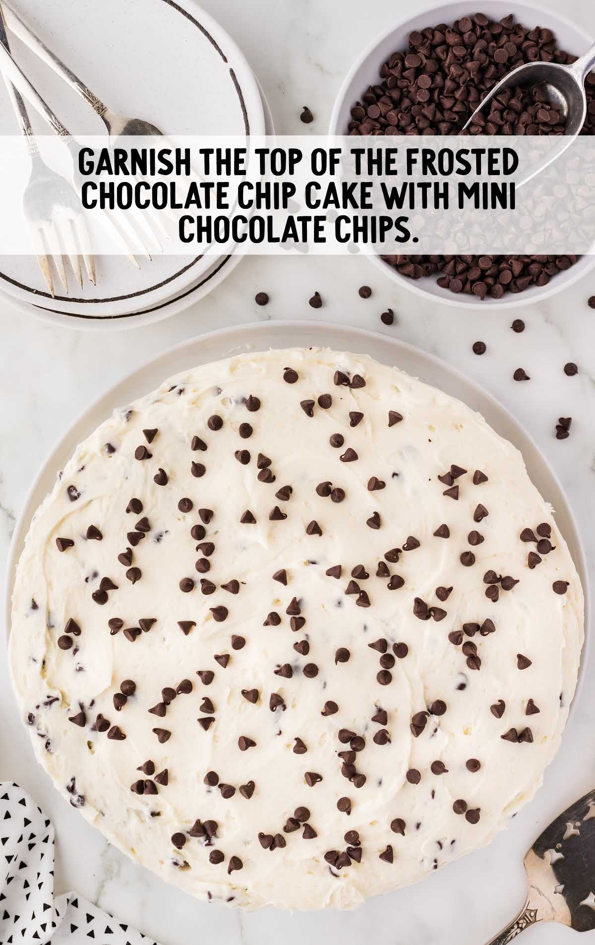 frosted cake topped with chocolate chips