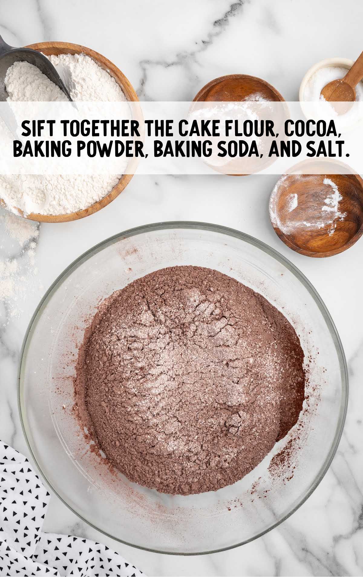 cake flour, unsweetened cocoa powder, baking powder, baking soda, and salt combined in a bowl