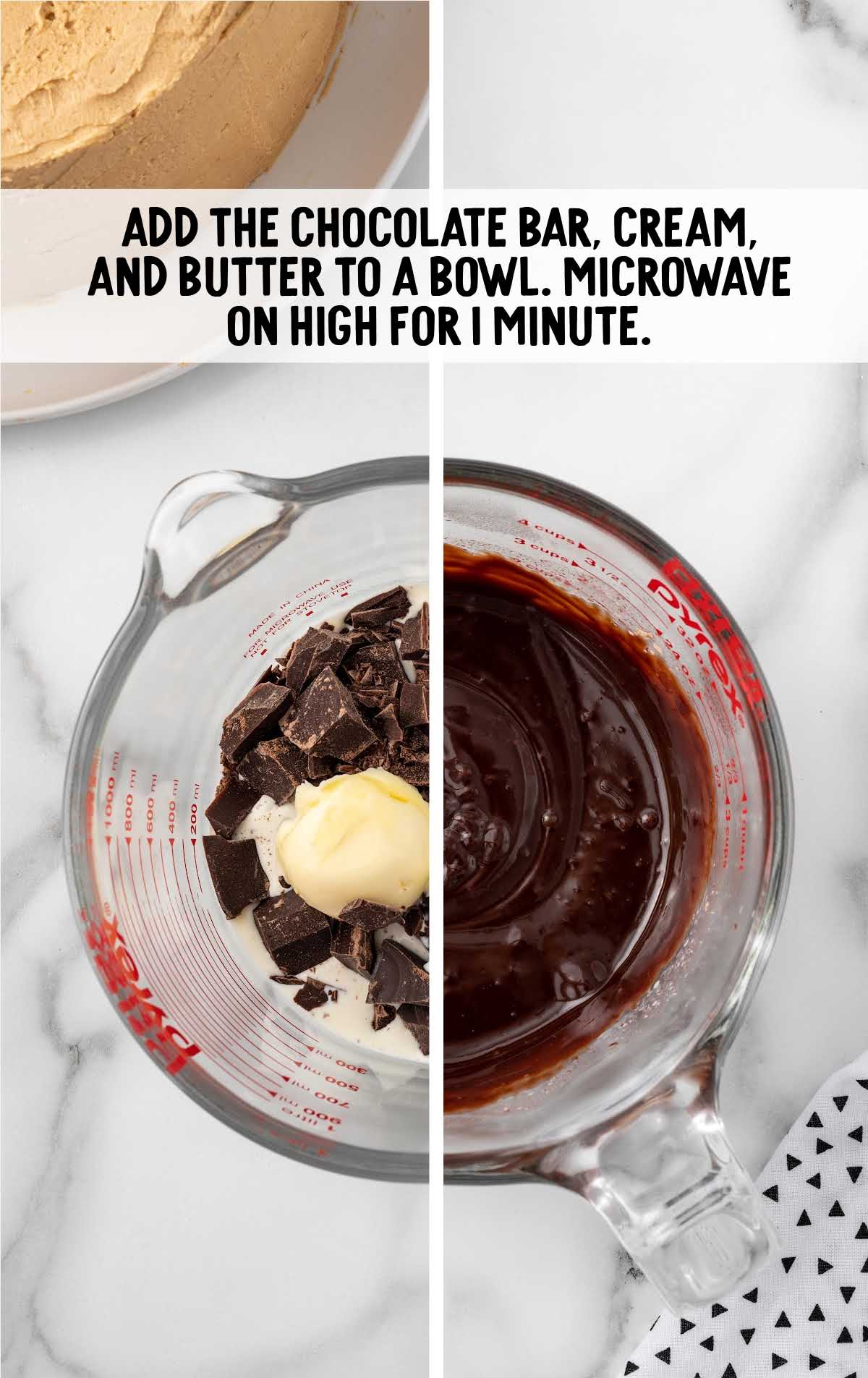 semi-sweet chocolate bar, heavy cream, and unsalted butter combined in a bowl