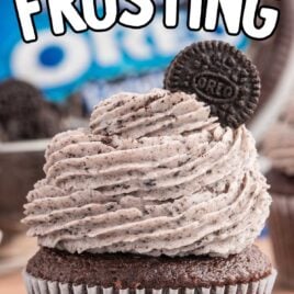a frosted cupcake topped with a Oreo