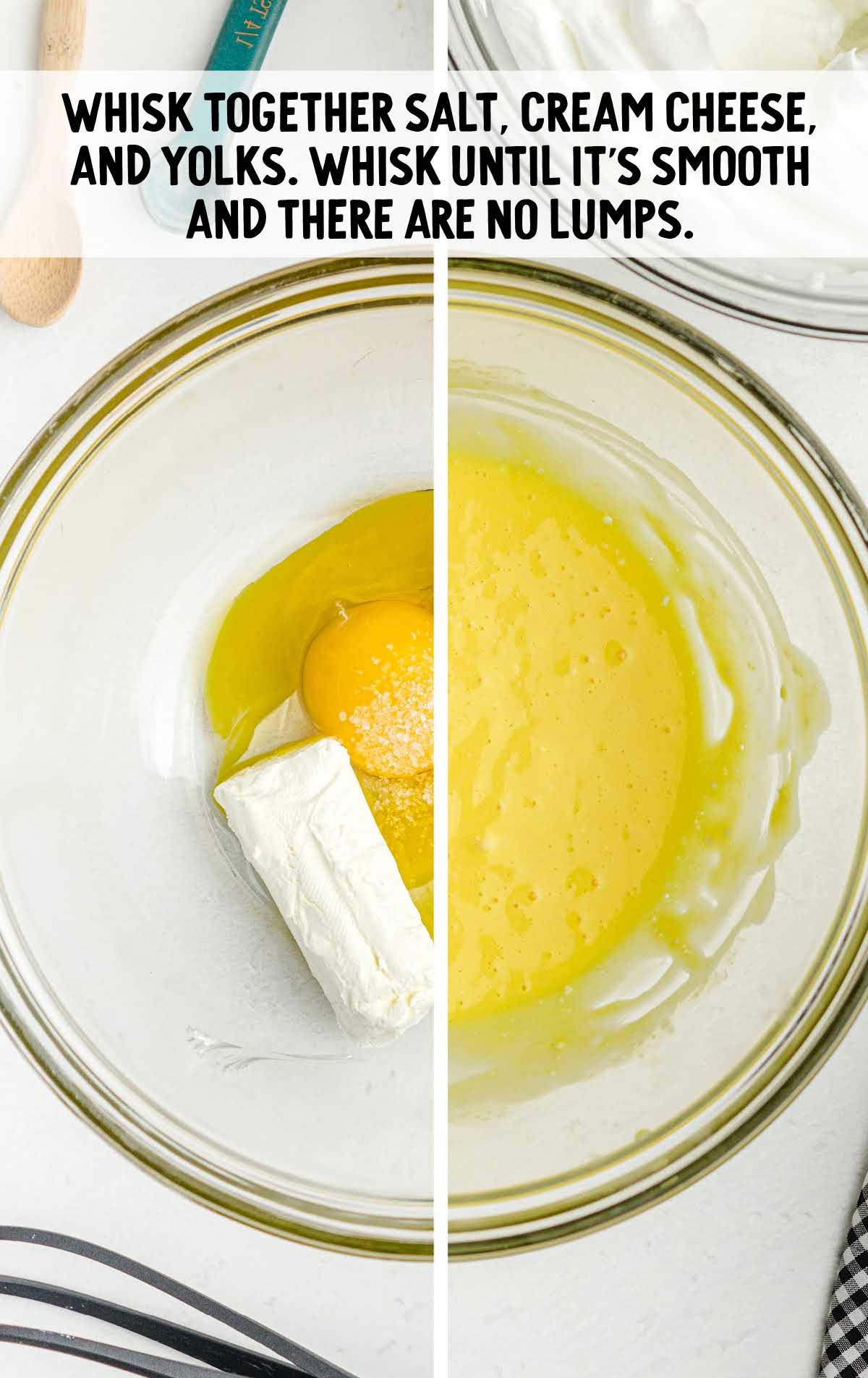salt, cream cheese, and egg yolks combined in a bowl