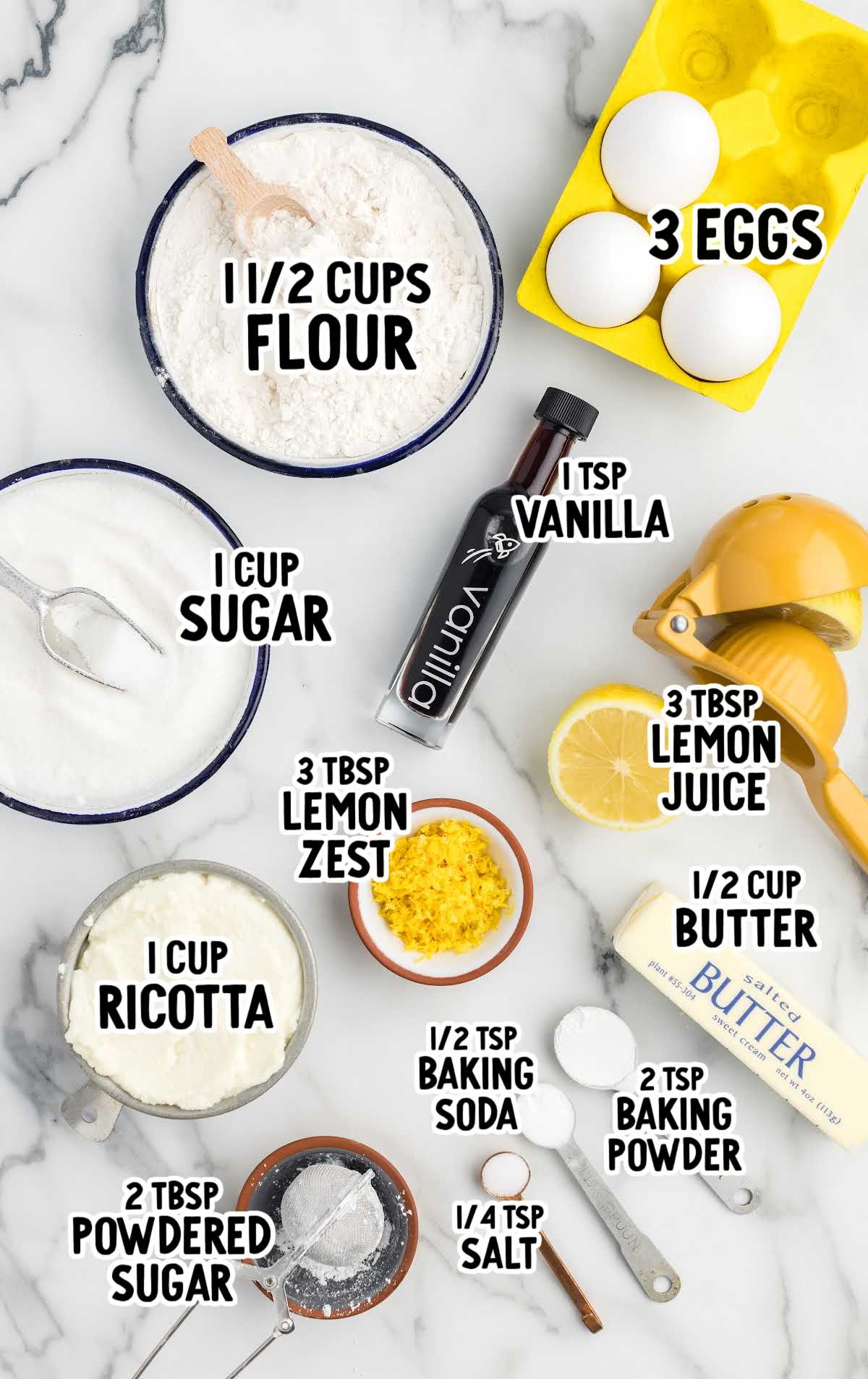 Lemon Ricotta Cake raw ingredients that are labeled