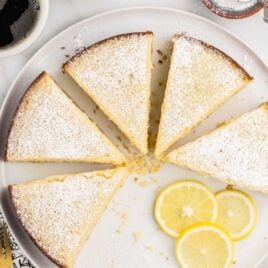 overhead shot of slices of Lemon Ricotta Cake on a plate