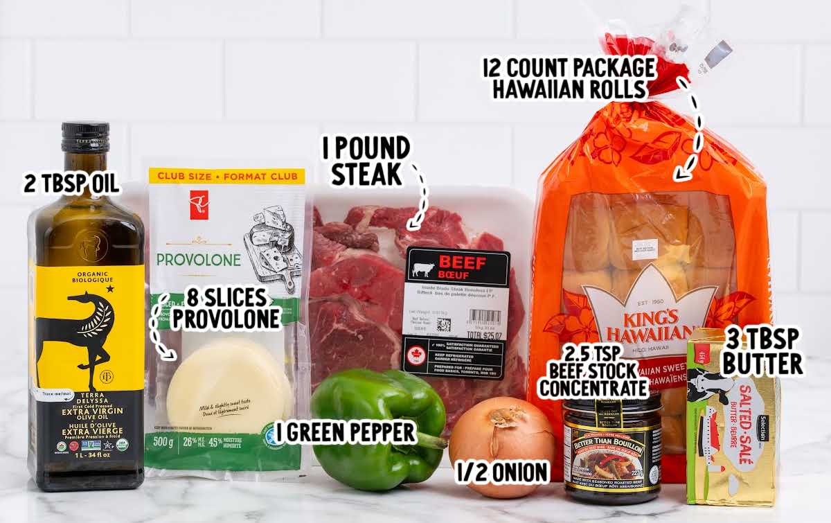 Ingredients for Philly cheesesteak sliders including steak, provolone cheese, peppers, onions, and Hawaiian rolls
