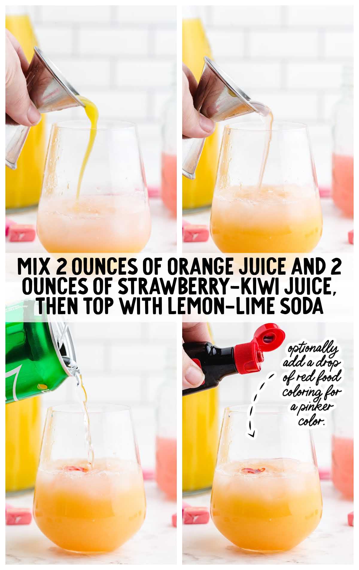 Step-by-step image showing how to mix juices and soda for the cocktail, with optional red food coloring for a deeper pink hue.
