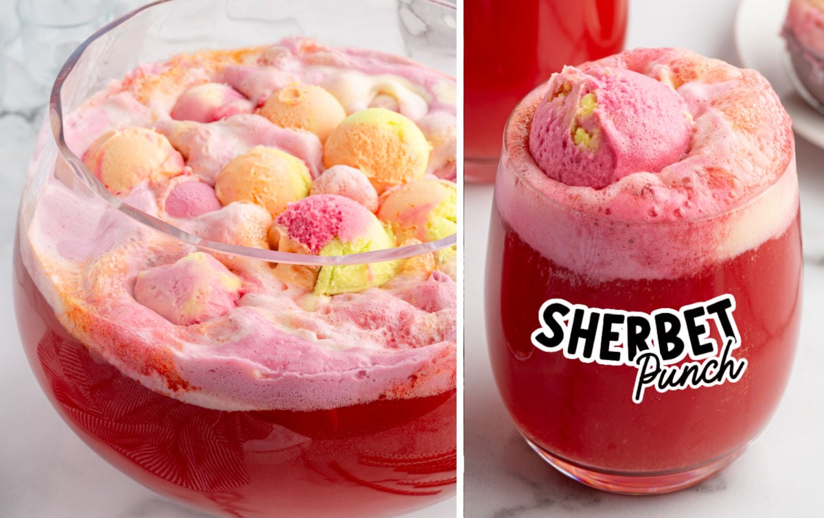 Large glass punch bowl and glass filled with bright red punch and topped with scoops of rainbow sherbet melting into pink, orange, and yellow swirls.