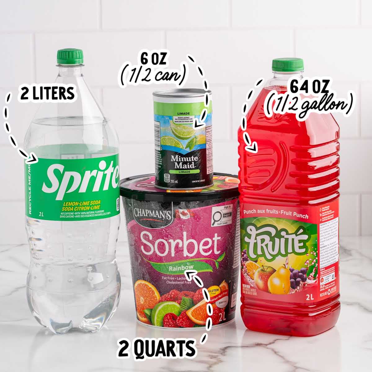 Ingredients for rainbow sherbet punch including Sprite, limeade, fruit punch, and a tub of rainbow sherbet.