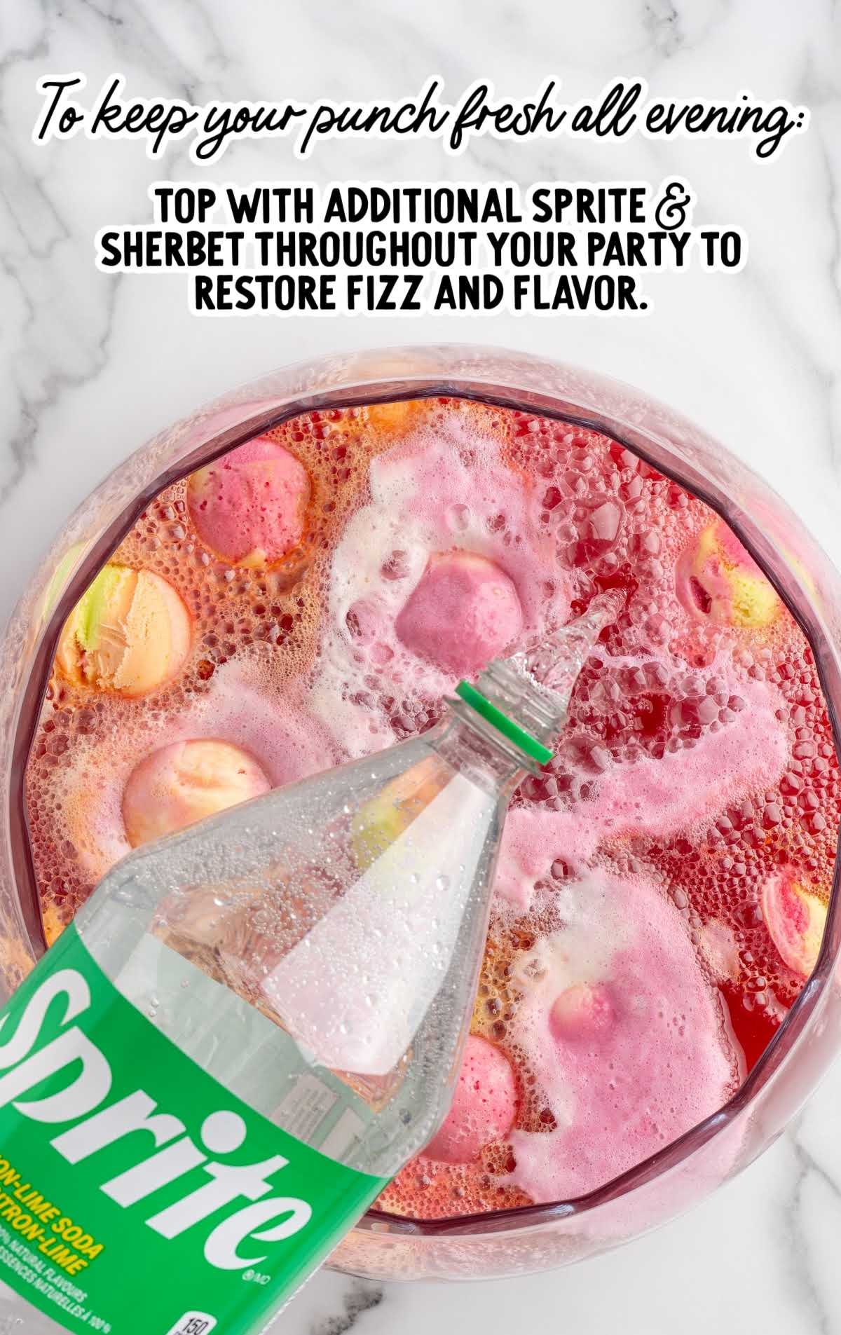 Sprite being poured into a bowl of rainbow sherbet punch with text overlay about keeping the punch fresh.