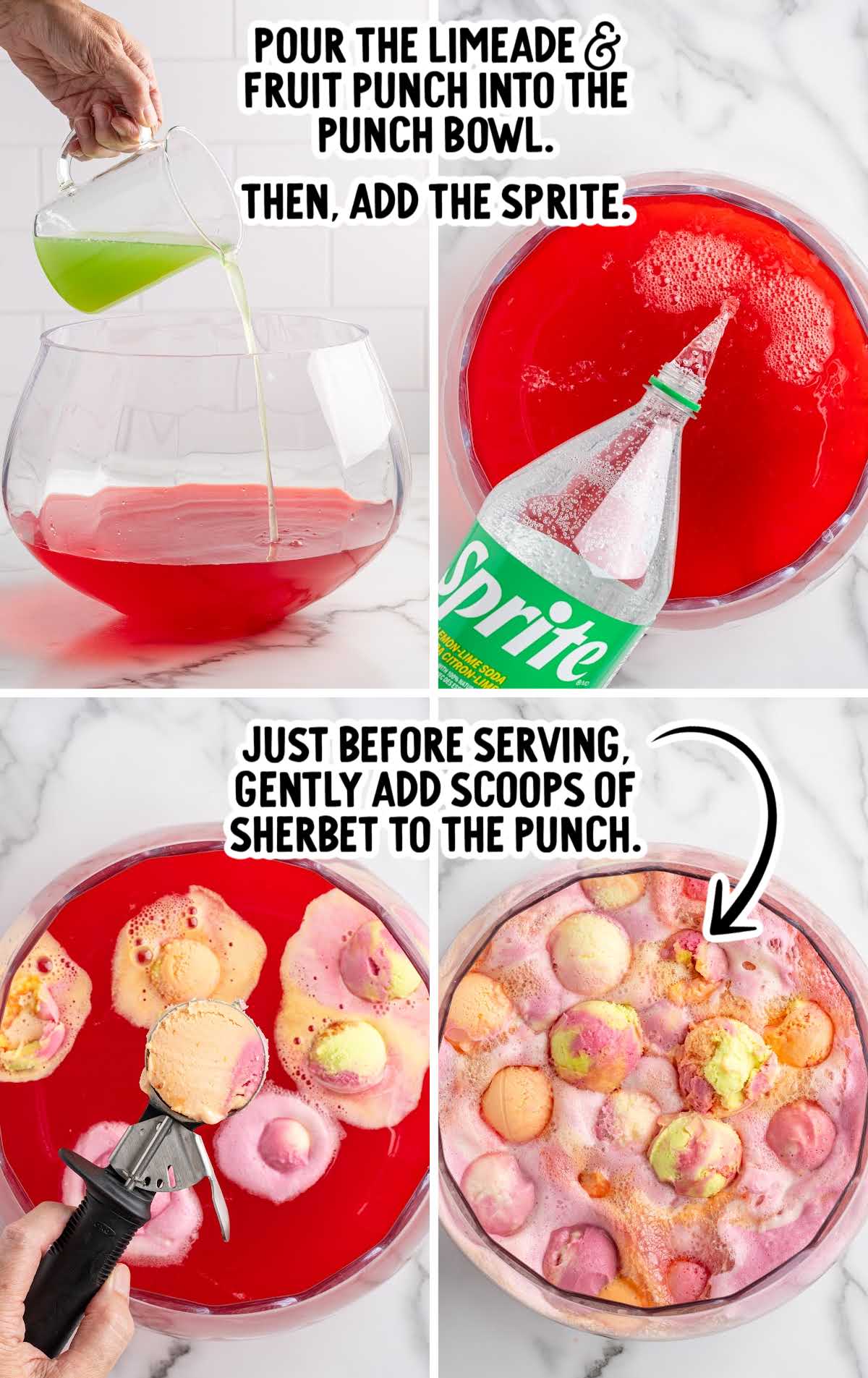 Step-by-step images showing fruit punch and limeade being poured into a bowl, Sprite being added, and sherbet scoops placed on top.