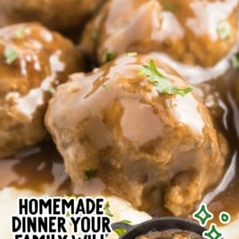 meatballs and mashed potatoes with a picture of a skillet full of meatballs and gravy.