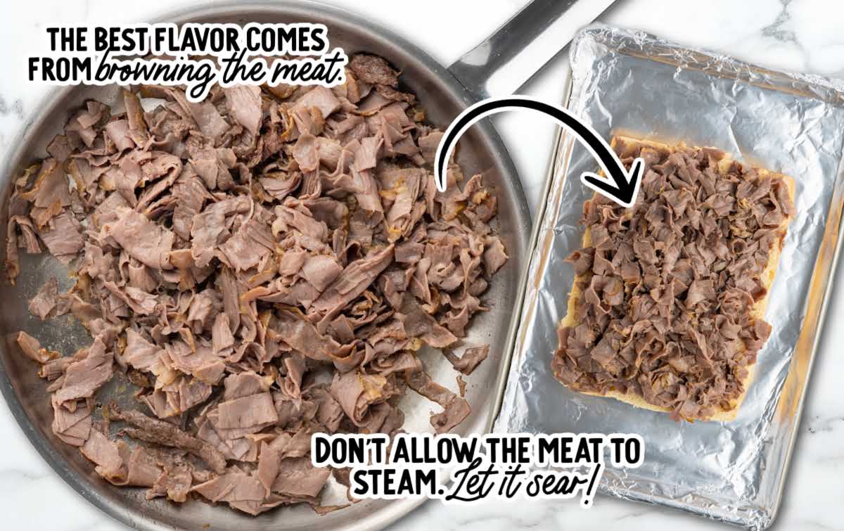 Browning shaved steak in a skillet for Philly cheesesteak sliders before assembling