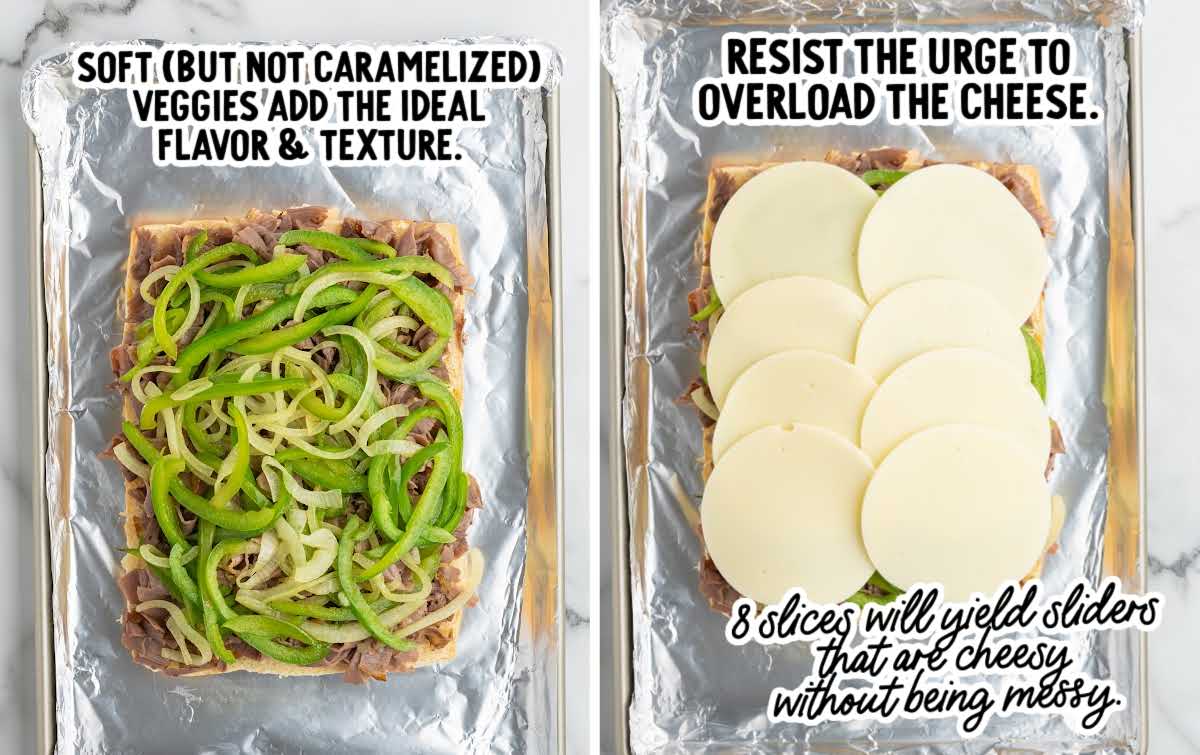 Assembling Philly cheesesteak sliders with steak, peppers, onions, and provolone cheese on rolls