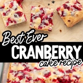 Collage of cranberry cake slices with text overlay reading โBest Ever Cranberry Cake Recipe.โ
