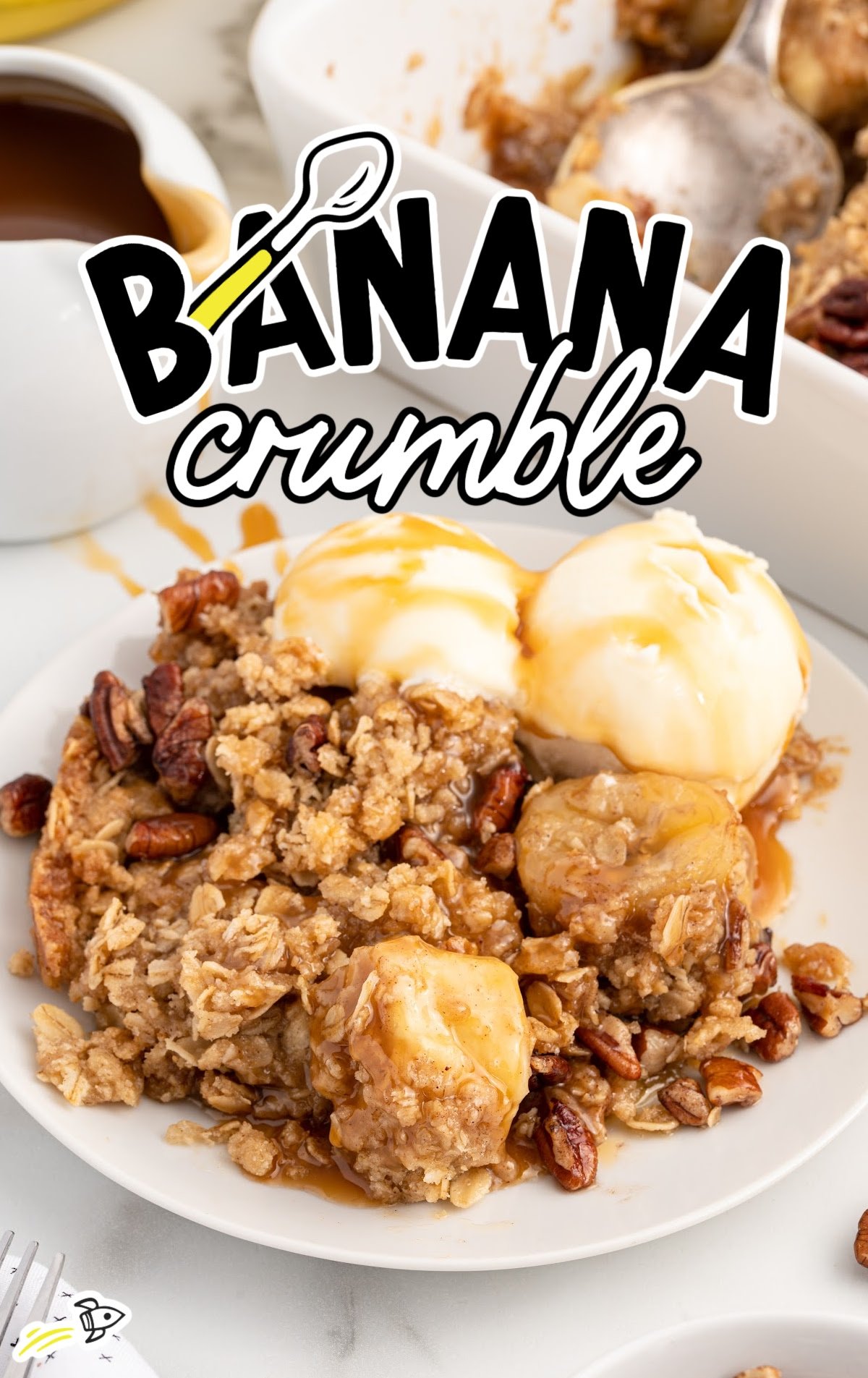 banana crumble with ice cream and caramel sauce on a plate