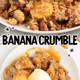 banana crumble on a plate with vanilla ice cream and caramel