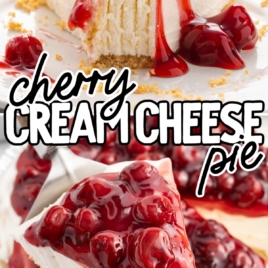 slice of cherry cream cheese pie with a bite missing