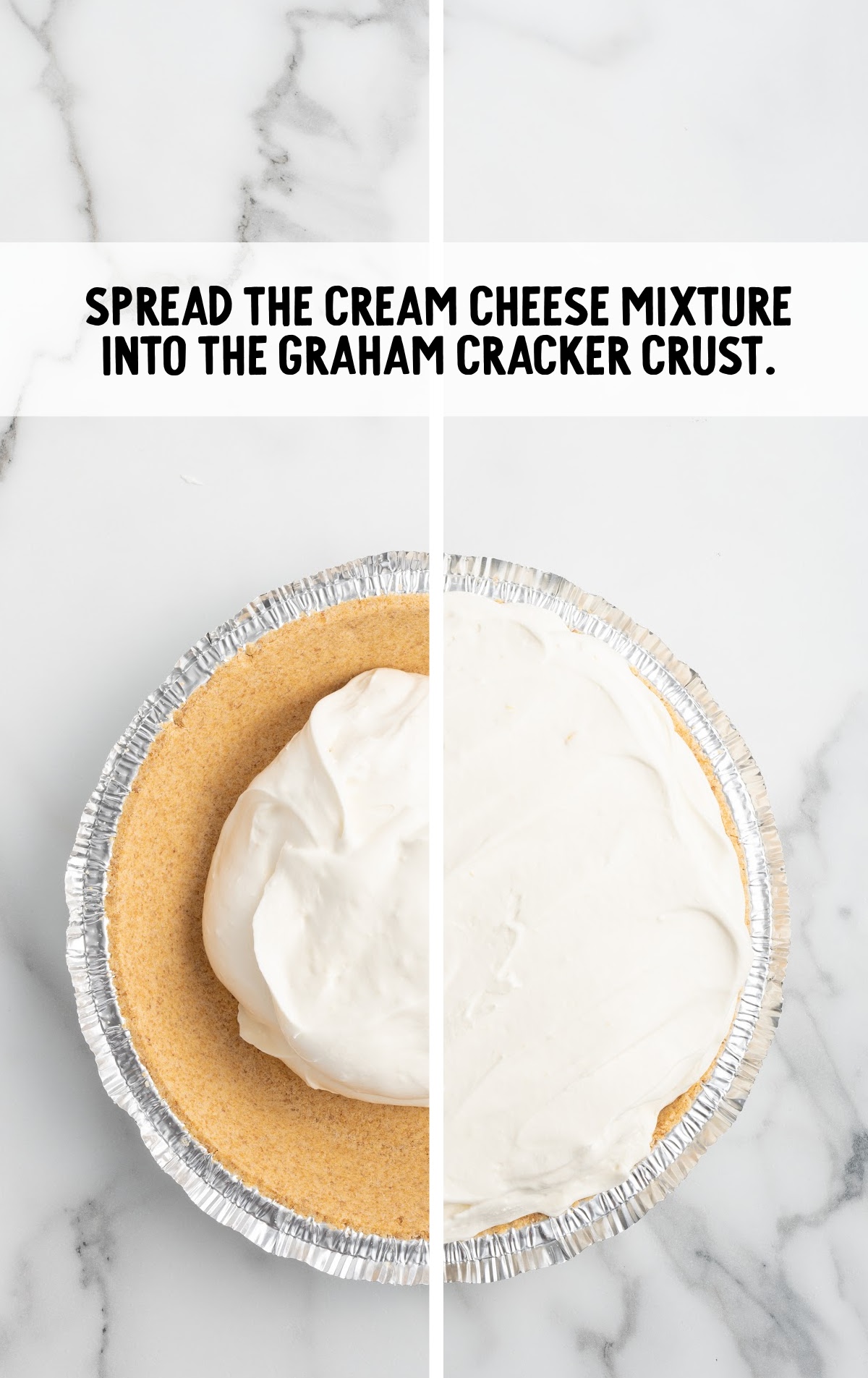 cream cheese pie filling mixture in a graham cracker crust