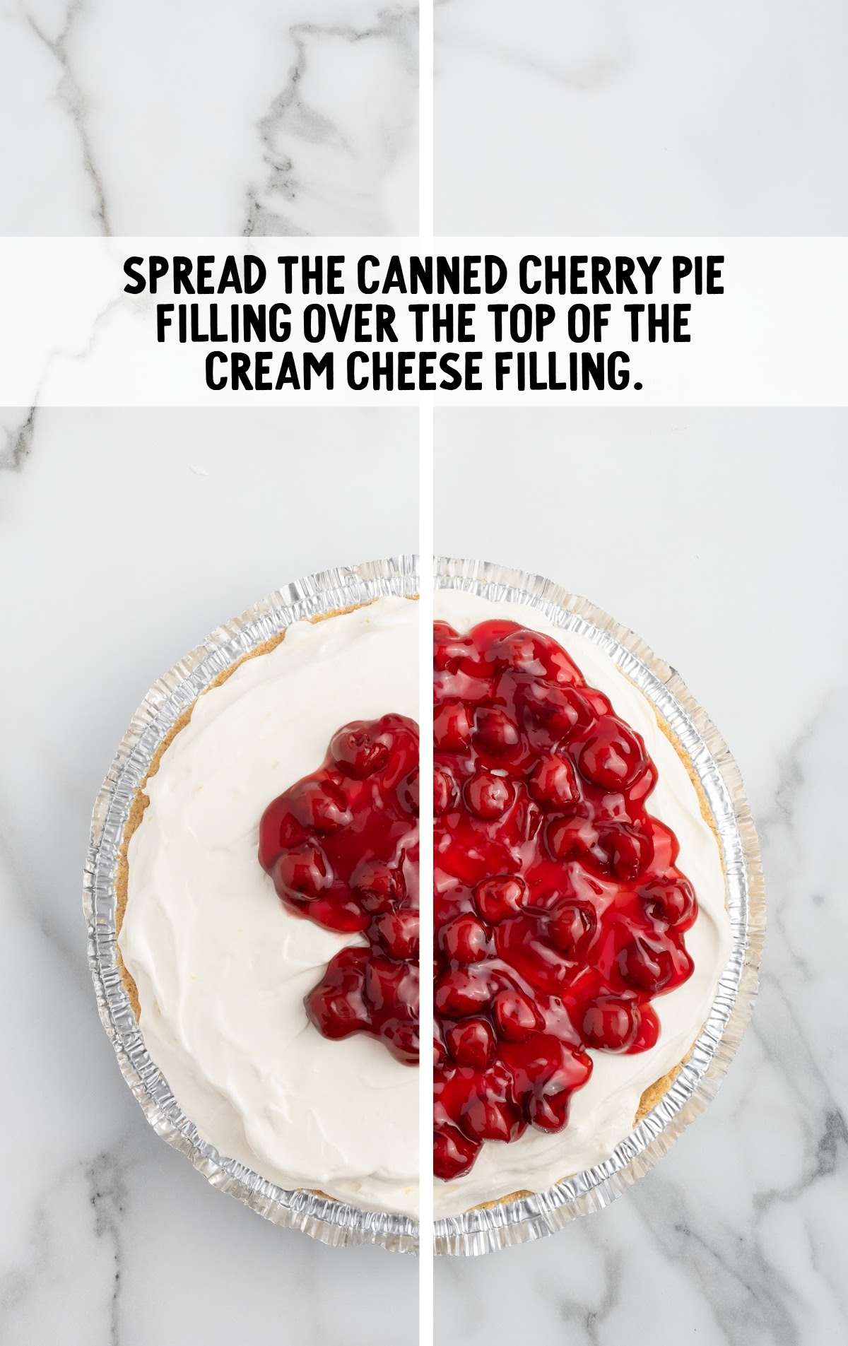 cherry pie filling on a cream cheese pie in a graham cracker crust