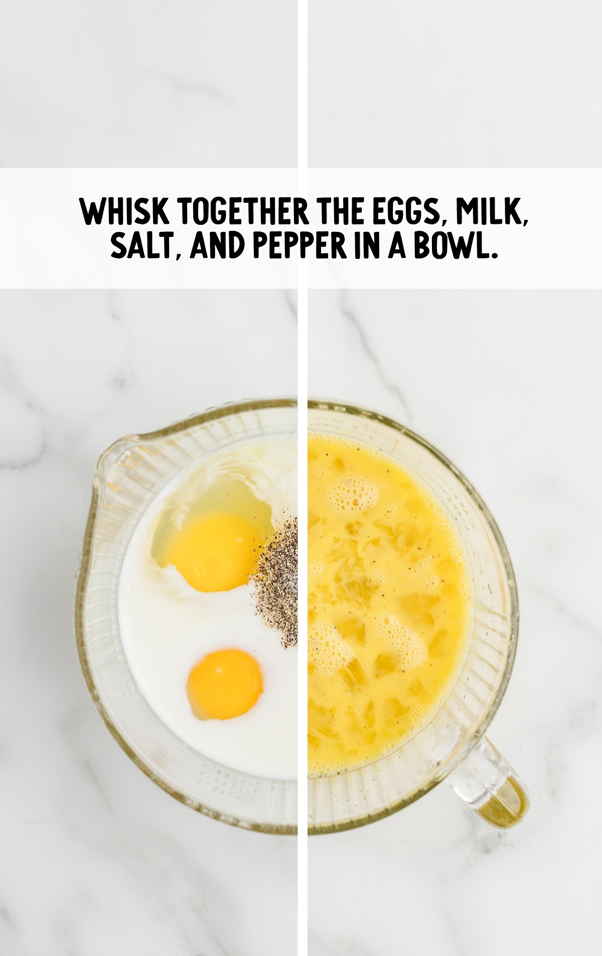 bowl with eggs, milk, salt, and pepper