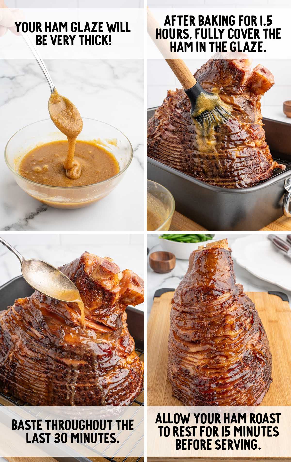 Step-by-step images showing how to glaze, baste, and rest a spiral baked ham.