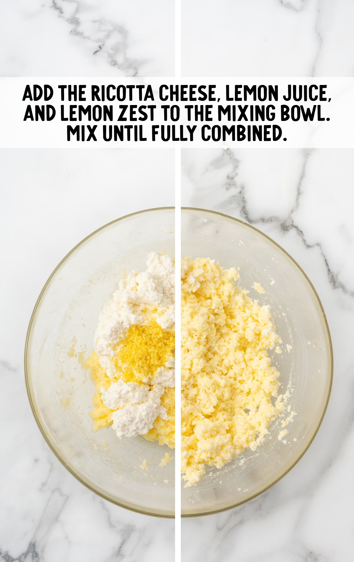 mixing bowl with ricotta cheese, lemon juice, lemon zest, butter, and sugar to make ricotta cookies