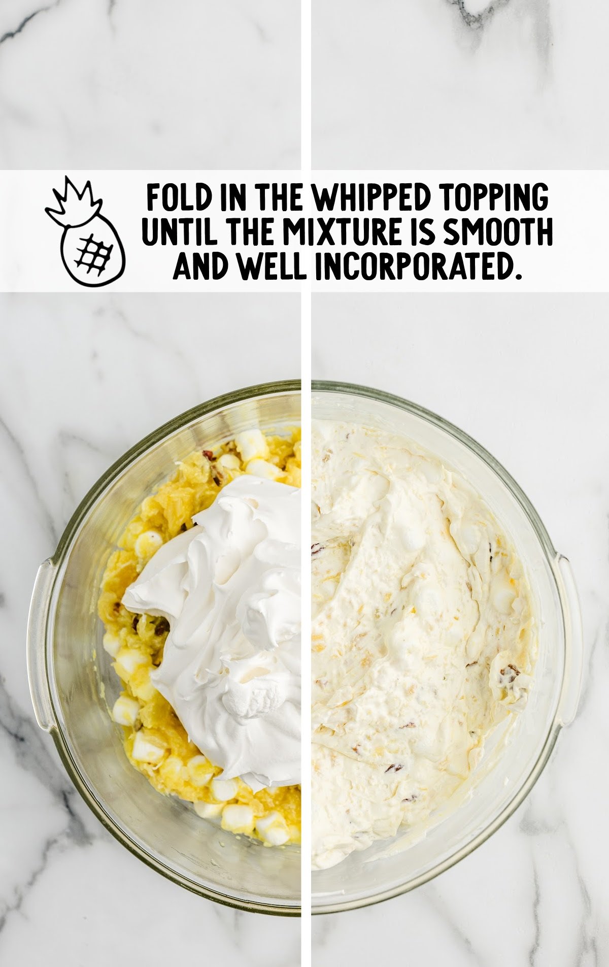cool whip in a bowl with pudding, crushed pineapple, nuts, and coconut
