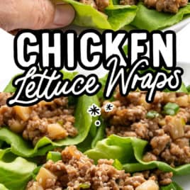 Close-up of lettuce wraps filled with seasoned ground chicken, diced vegetables, and garnished with chopped green onions. Text reads Asian Chicken Lettuce Wrap Recipe, Restaurant Style, PF Changs Copycat.
