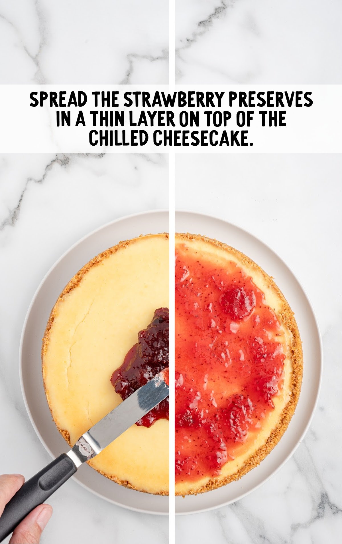 spreading strawberry preserves on top of baked cheesecake