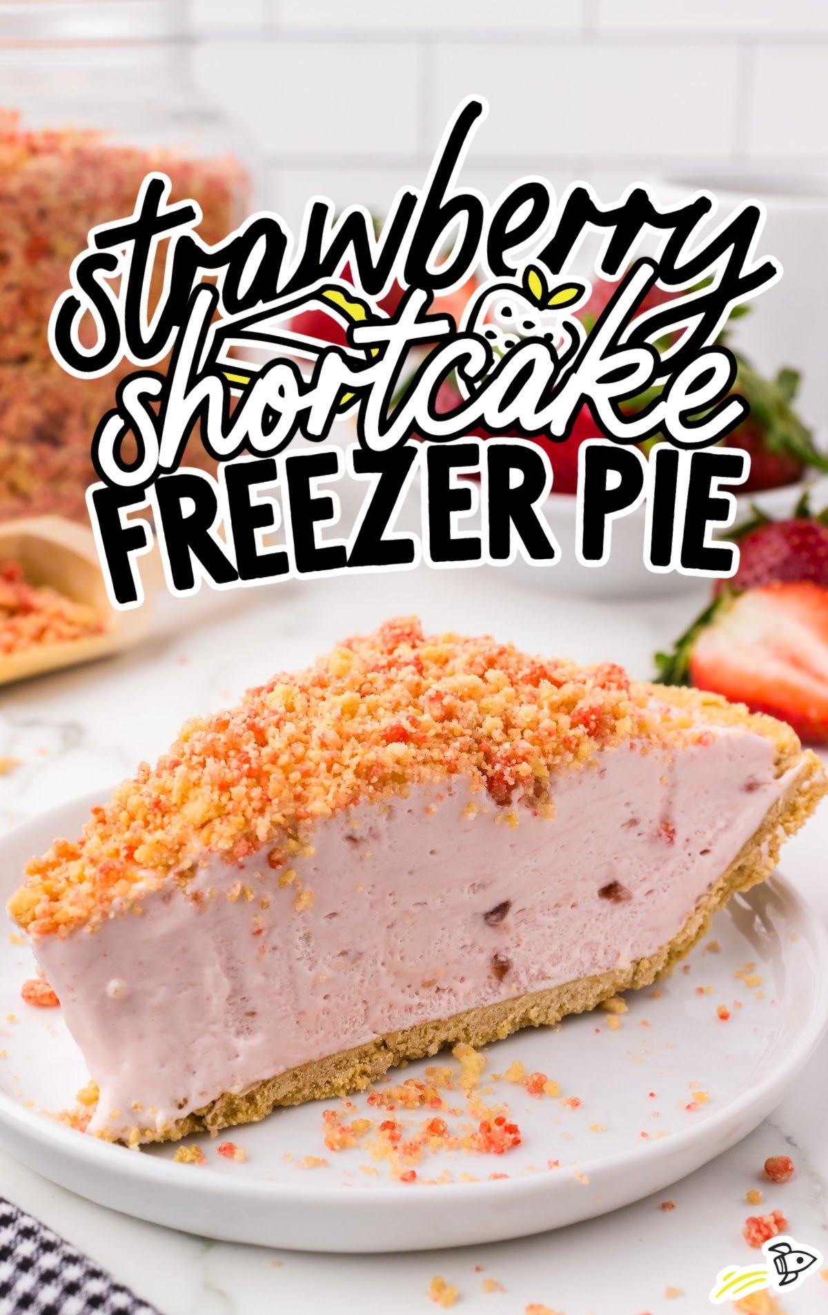 Slice of strawberry freezer pie on a plate ready to serve.
