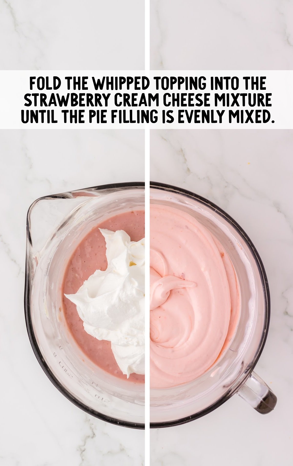 strawberry cream cheese pie filling for a freezer pie in a mixing bowl with a light pink color