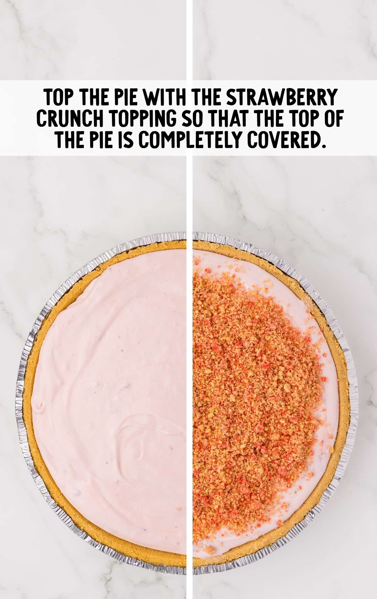 strawberry cream cheese freezer pie with crunch topping ready to put into the freezer