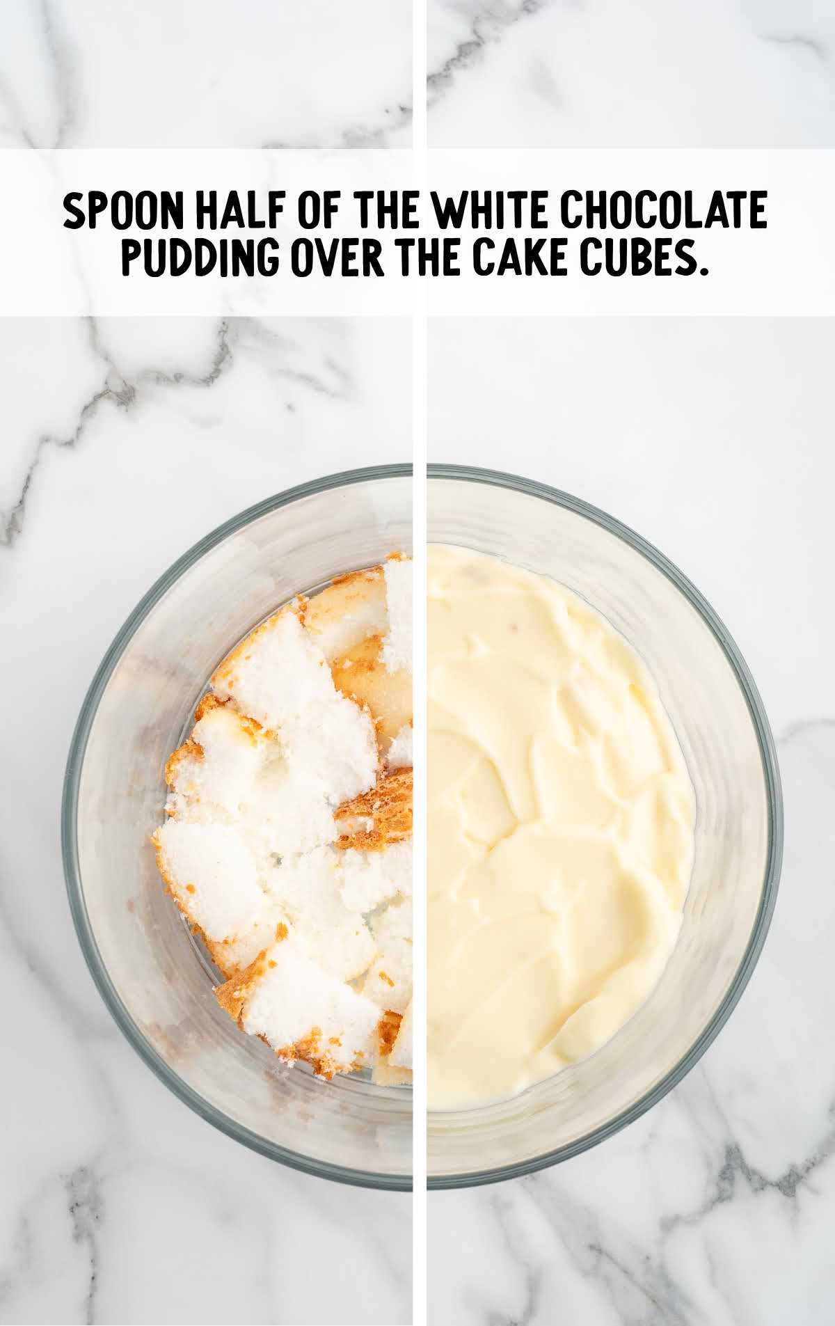 white chocolate pudding mix spread on top of the cake cubes 