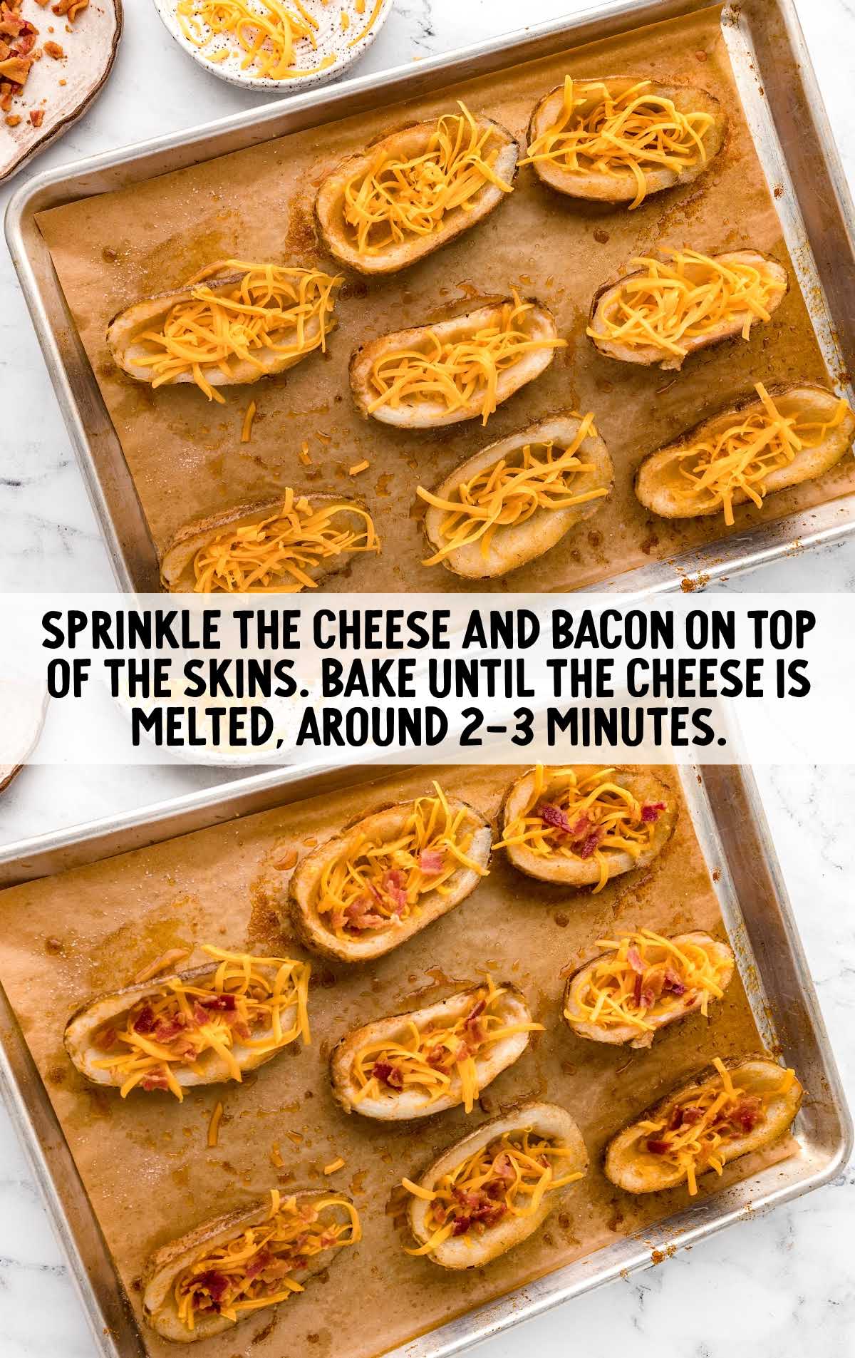 Baked Potato Skins topped with shredded cheese and bacon
